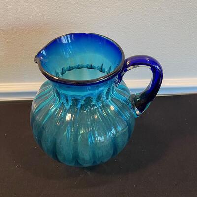 #6 Beautiful Hand Blown Blue Glass Water Pitcher 