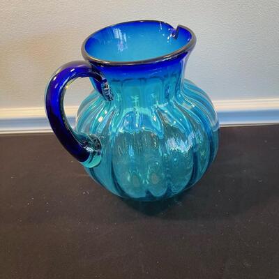 #6 Beautiful Hand Blown Blue Glass Water Pitcher 