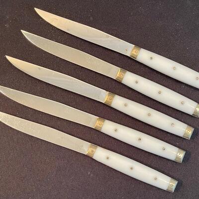#54 (5) White and Brass Handled Steak Knives from France