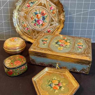 #85 Decorated Wood Items: Box, Plate etc. 