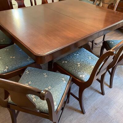 #104 Antique Mahogany Table. Refinished!  Plus 8 Matching Chair. Reupholstered 