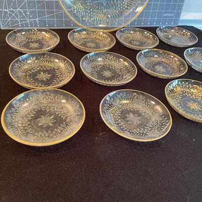 #138 Etched Glass Gold Decorated Platter and (12) Berry Bowls 