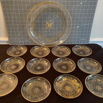 #138 Etched Glass Gold Decorated Platter and (12) Berry Bowls 