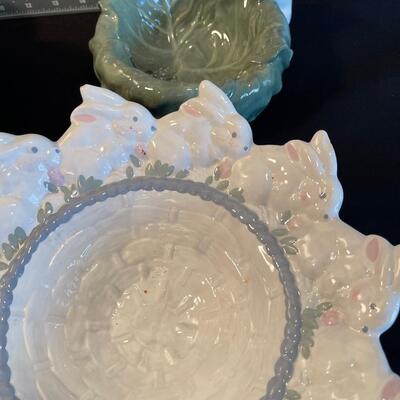 #139 Several Bunny Bowls, Cabbage Leaf Kitty Cat Salts 