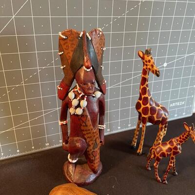 #143 Wood Carved African: Human, Giraffe, Hippo