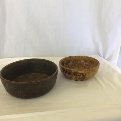 950-Early Yelloware Sponge Bowl & Early Wooden Bowl