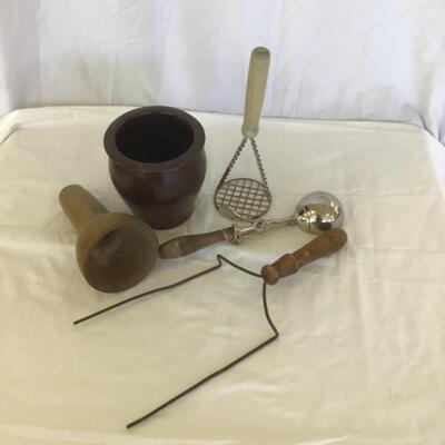 954-Primitive Wooden Funnel, Crock Potato Masher, etc.