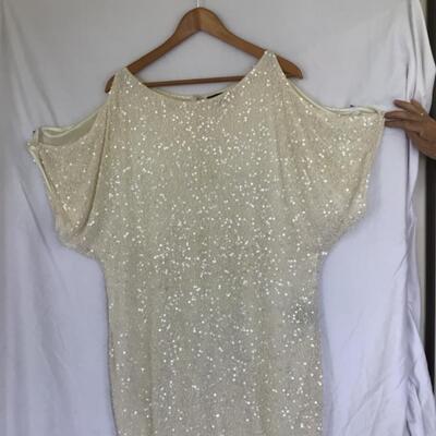 978-Silk Screen Beaded Sequenced Open Shoulder Dress 