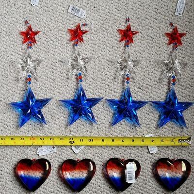 Lot 11: Red, White and Blue Hanging Decorations (4 Star Strands and 4 Puff Hearts)