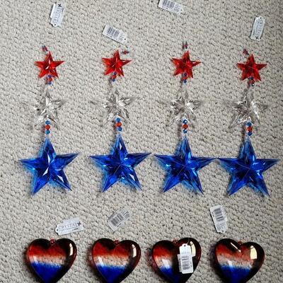 Lot 11: Red, White and Blue Hanging Decorations (4 Star Strands and 4 Puff Hearts)