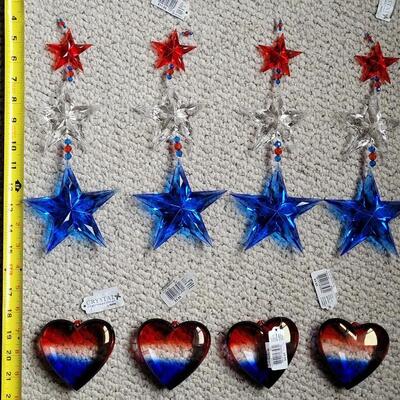 Lot 11: Red, White and Blue Hanging Decorations (4 Star Strands and 4 Puff Hearts)