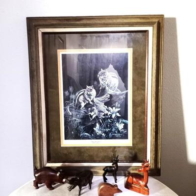 SOLID WOODEN ANIMALS AND FRAMED ART:"EASY KEEPERS" BY JOCELYN LILLPOP