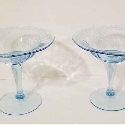 Lot #11  Elegant vintage Glassware - two blue etched compotes