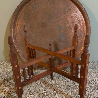 Vintage Solid Copper etched table top~Middle East~ 27" w/ folding tray legs1900s