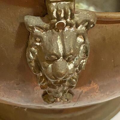 Antique Copper Coal Scuttle Hod Ceramic Handle Brass Lions Head