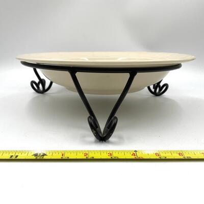 LONGABERGER POTTERY LARGE IVORY BOWL W/WROUGHT IRON STAND