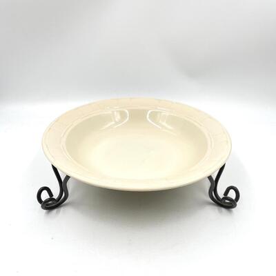 LONGABERGER POTTERY LARGE IVORY BOWL W/WROUGHT IRON STAND