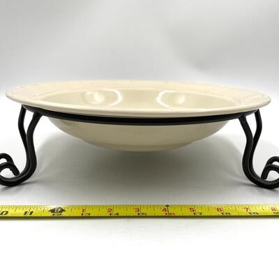 LONGABERGER POTTERY LARGE IVORY BOWL W/WROUGHT IRON STAND