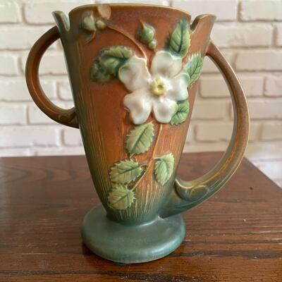 LOT 30 - 982-7, White Rose Double Handled Vase, Roseville Pottery