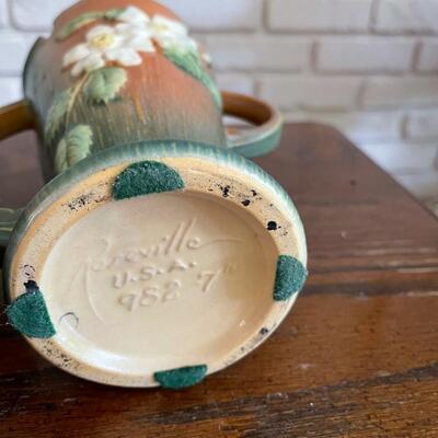 LOT 30 - 982-7, White Rose Double Handled Vase, Roseville Pottery