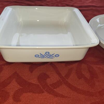 Lot 6: Blue Corn Flower Corning Ware 9 Ã— 1.25 and 8 Ã— 8 Ã— 2