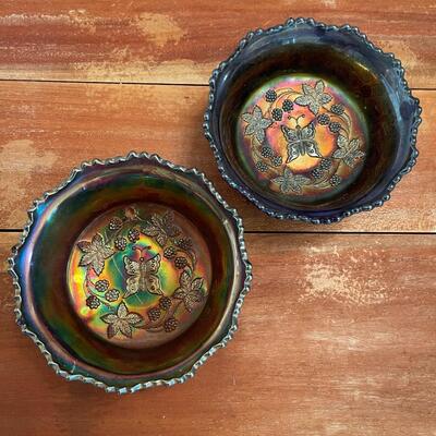 LOT 53 - Fenton Butterfly & Berry Carnival Glass, Small 3 Footed Berry Bowl, Set of 2
