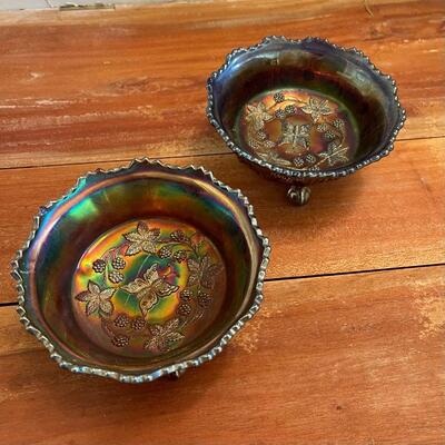 LOT 53 - Fenton Butterfly & Berry Carnival Glass, Small 3 Footed Berry Bowl, Set of 2