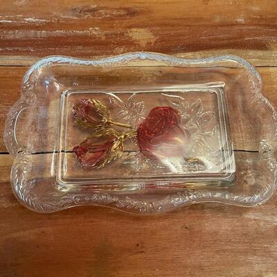 LOT 64 - Glass Rectangle Plate - Pink and Amber Rose Accents