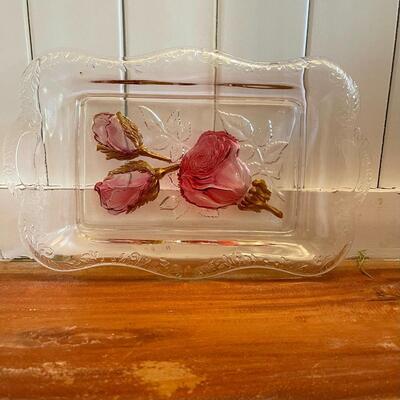 LOT 64 - Glass Rectangle Plate - Pink and Amber Rose Accents