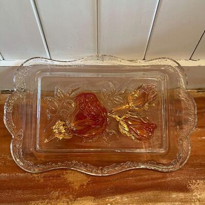 LOT 64 - Glass Rectangle Plate - Pink and Amber Rose Accents