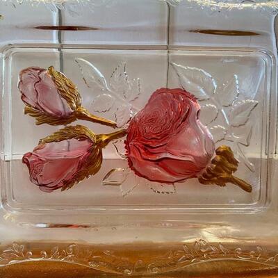 LOT 64 - Glass Rectangle Plate - Pink and Amber Rose Accents