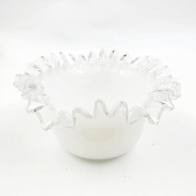 WHITE GLASS BOWL AND 2 PLATES WITH RUFFLED SILVER CRESTED EDGE