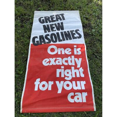 7â€™ x 3.5â€™ â€œGREAT NEW GASOLINESâ€ FABRIC SIGN
