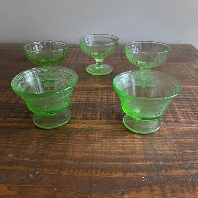 LOT 56 - Footed Dessert Bowls, Green Depression/Uranium Glass, Set of 5