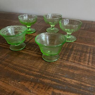 LOT 56 - Footed Dessert Bowls, Green Depression/Uranium Glass, Set of 5
