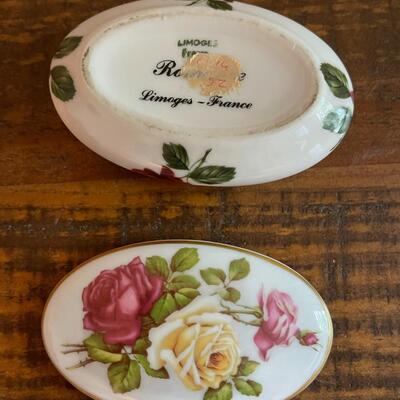 LOT 49 - Limoges France, Romance, Porcelain Oval Trinket Boxes, 2, Roses & Fruit