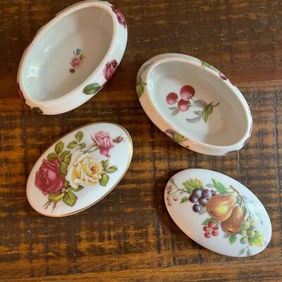 LOT 49 - Limoges France, Romance, Porcelain Oval Trinket Boxes, 2, Roses & Fruit