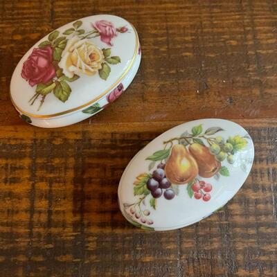 LOT 49 - Limoges France, Romance, Porcelain Oval Trinket Boxes, 2, Roses & Fruit
