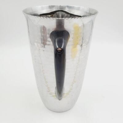 VINTAGE MID CENTURY MODERN HAMMERED ALUMINUM WATER PICTHER WITH ICE GUARD MADE IN SPAIN