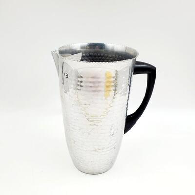 VINTAGE MID CENTURY MODERN HAMMERED ALUMINUM WATER PICTHER WITH ICE GUARD MADE IN SPAIN