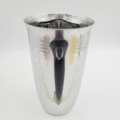 VINTAGE MID CENTURY MODERN HAMMERED ALUMINUM WATER PICTHER WITH ICE GUARD MADE IN SPAIN