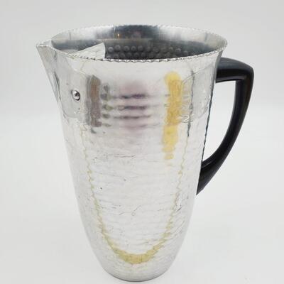 VINTAGE MID CENTURY MODERN HAMMERED ALUMINUM WATER PICTHER WITH ICE GUARD MADE IN SPAIN