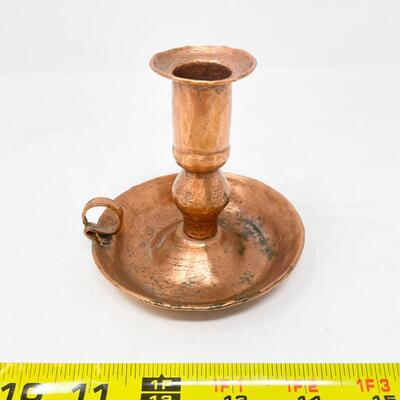 VINTAGE HAMMERED COPPER PITCHER, PLATE, & CANDLESTICK