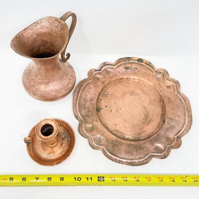 VINTAGE HAMMERED COPPER PITCHER, PLATE, & CANDLESTICK