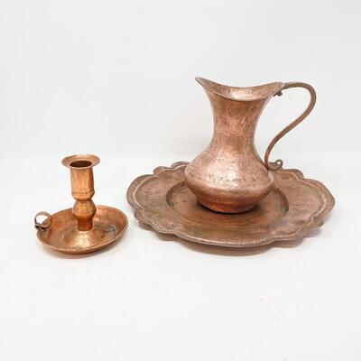 VINTAGE HAMMERED COPPER PITCHER, PLATE, & CANDLESTICK