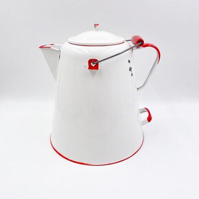 LARGE VINTAGE WHITE & RED ENAMEL COFFEE POT 