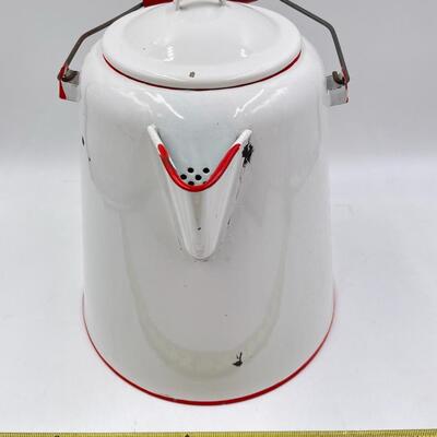 LARGE VINTAGE WHITE & RED ENAMEL COFFEE POT 