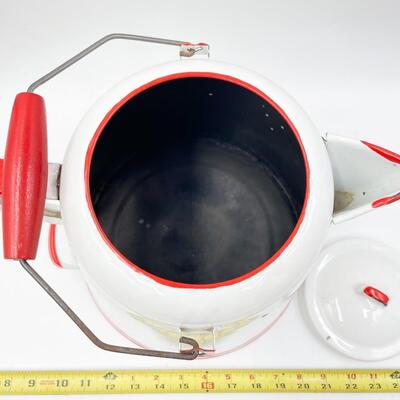 LARGE VINTAGE WHITE & RED ENAMEL COFFEE POT 