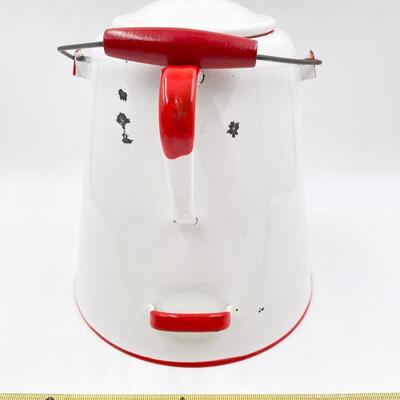 LARGE VINTAGE WHITE & RED ENAMEL COFFEE POT 