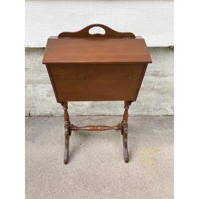VINTAGE WOODEN STANDING SEWING BOX W/ SUPPLIES